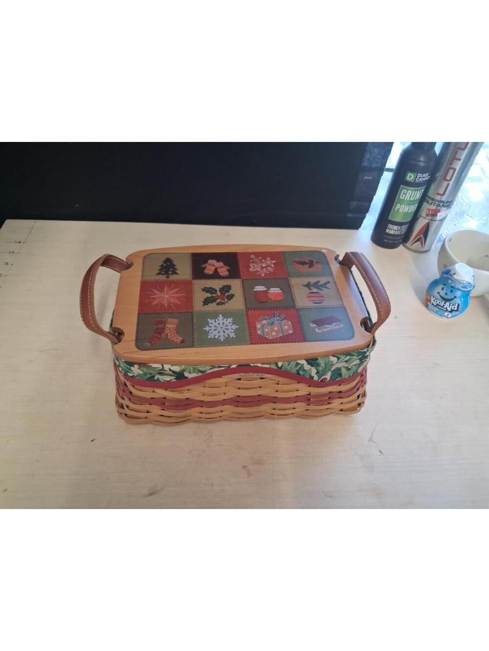 Longaberger Holiday Themed Woven Basket with Decorative Lid and Leather Handles